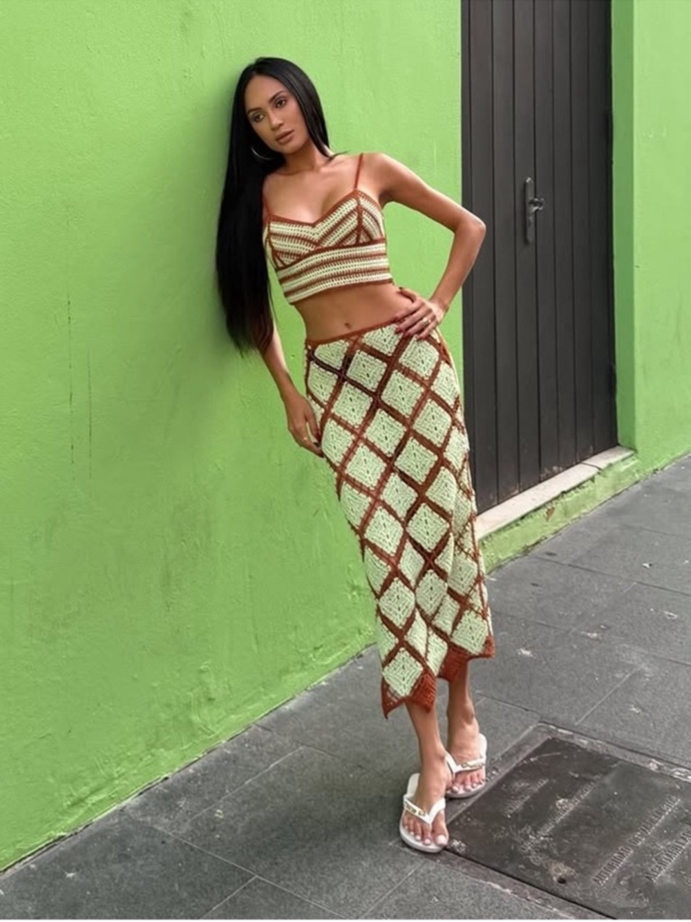 ZARA CROCHET SKIRT SET , COORD SET, green brown - Picture 10 of 15